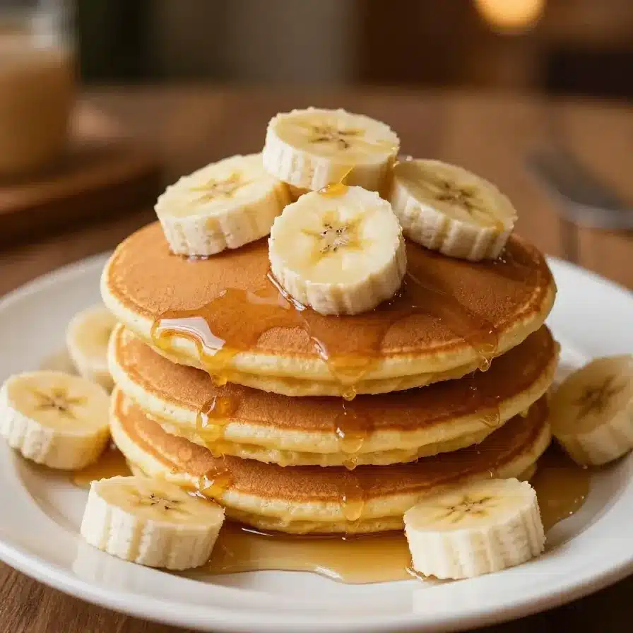 A stack of moist and fluffy banana pancakes drizzled with syrup and topped with sliced bananas