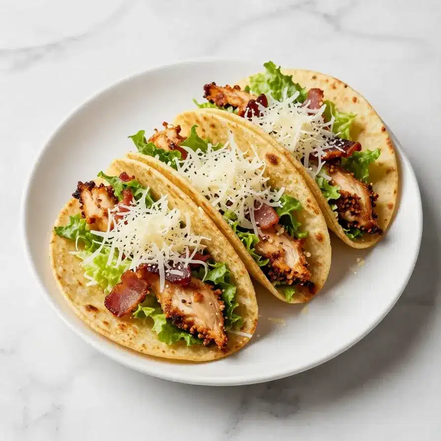 Smash Chicken Caesar Tacos 5 Delicious Smash Chicken Caesar Tacos served on a wooden board