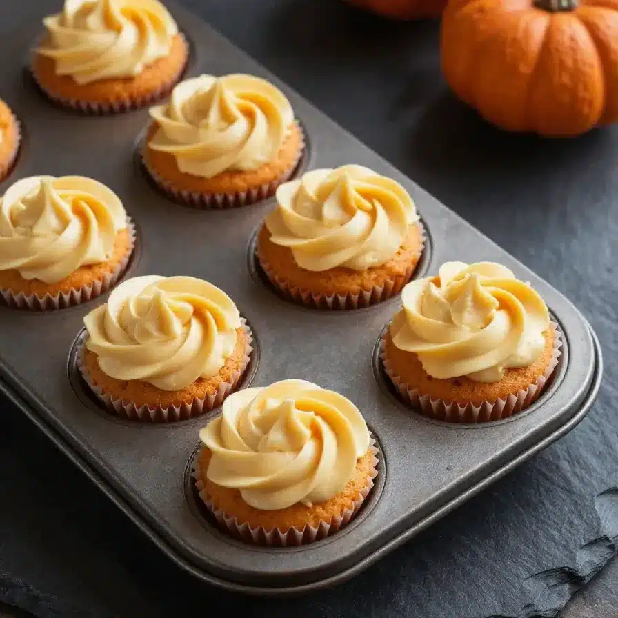 A freshly baked pumpkin cream cheese swirl muffin on a wooden table