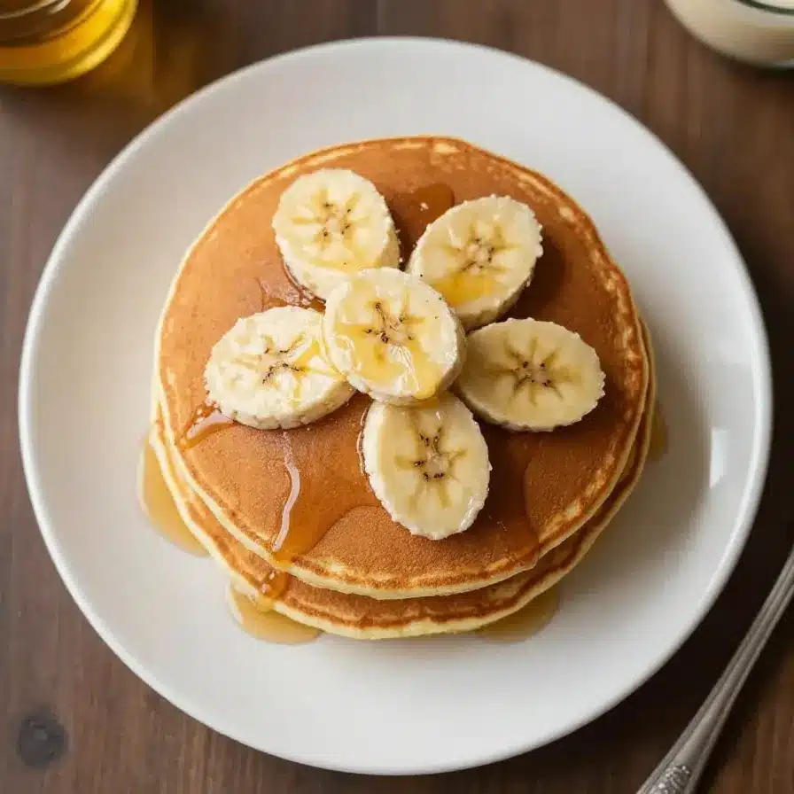 A stack of moist and fluffy banana pancakes drizzled with syrup and topped with sliced bananas