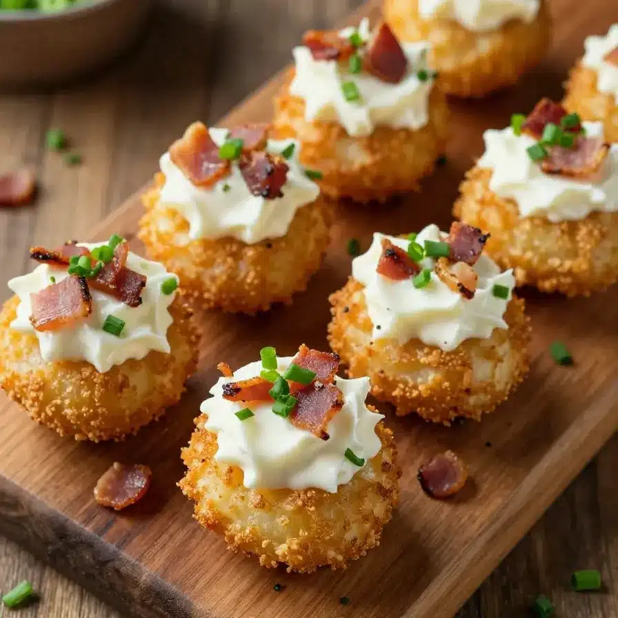 A plate of loaded tater tot appetizers topped with melted cheese, bacon, and green onions.