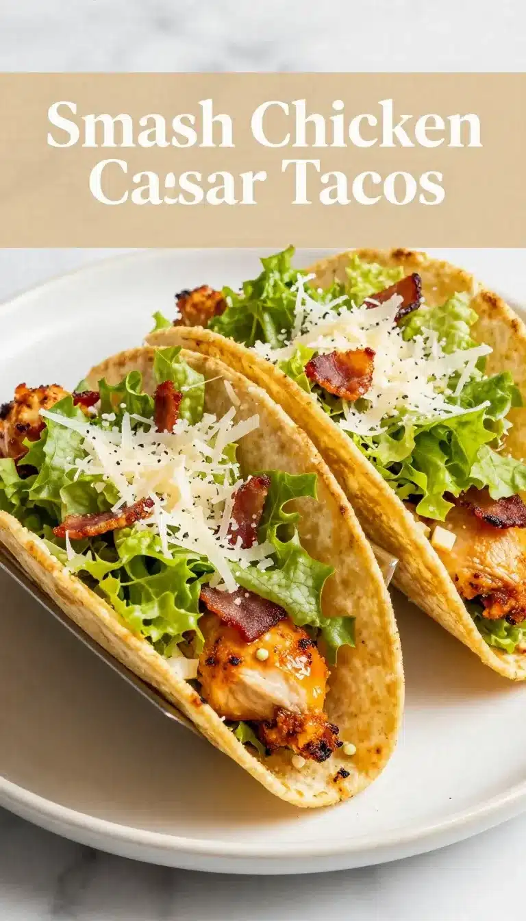 Smash Chicken Caesar Tacos 8 Delicious Smash Chicken Caesar Tacos served on a wooden board
