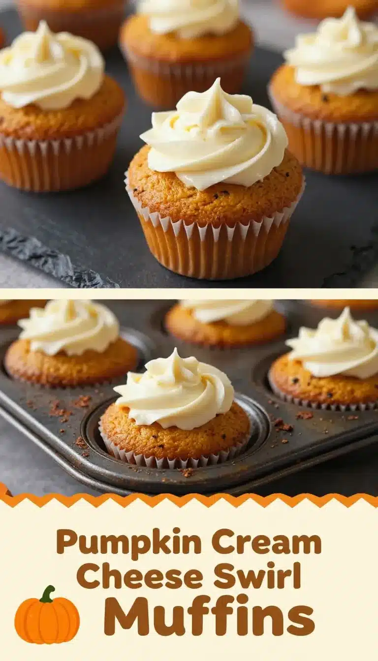 A freshly baked pumpkin cream cheese swirl muffin on a wooden table