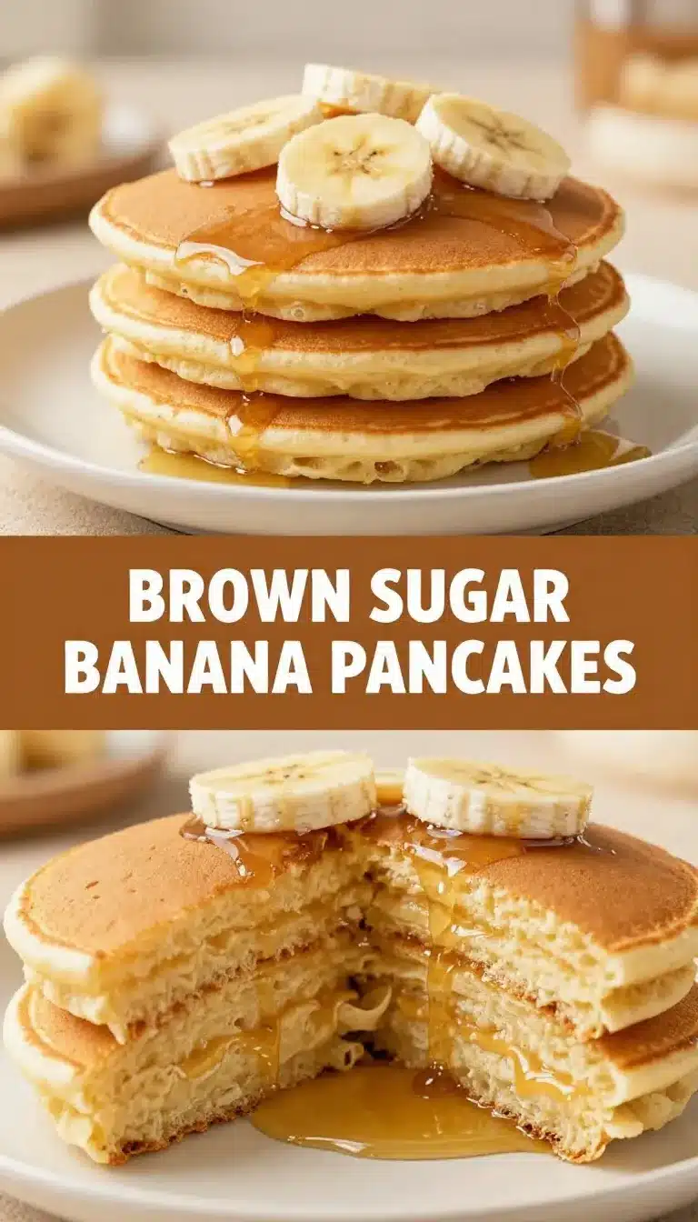 A stack of moist and fluffy banana pancakes drizzled with syrup and topped with sliced bananas