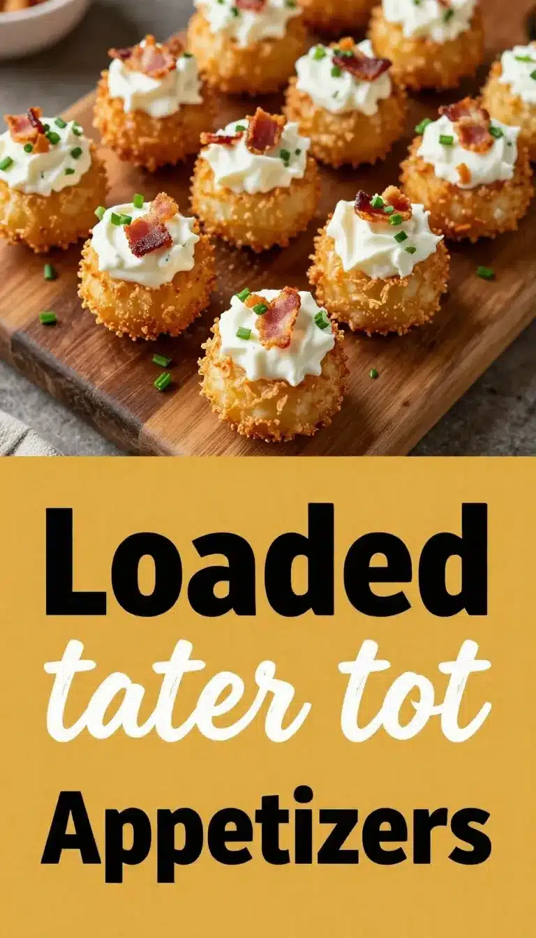 A plate of loaded tater tot appetizers topped with melted cheese, bacon, and green onions.