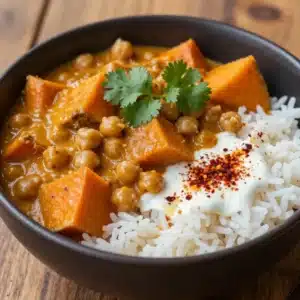 A bowl of sweet potato and chickpea curry garnished with fresh cilantro.
