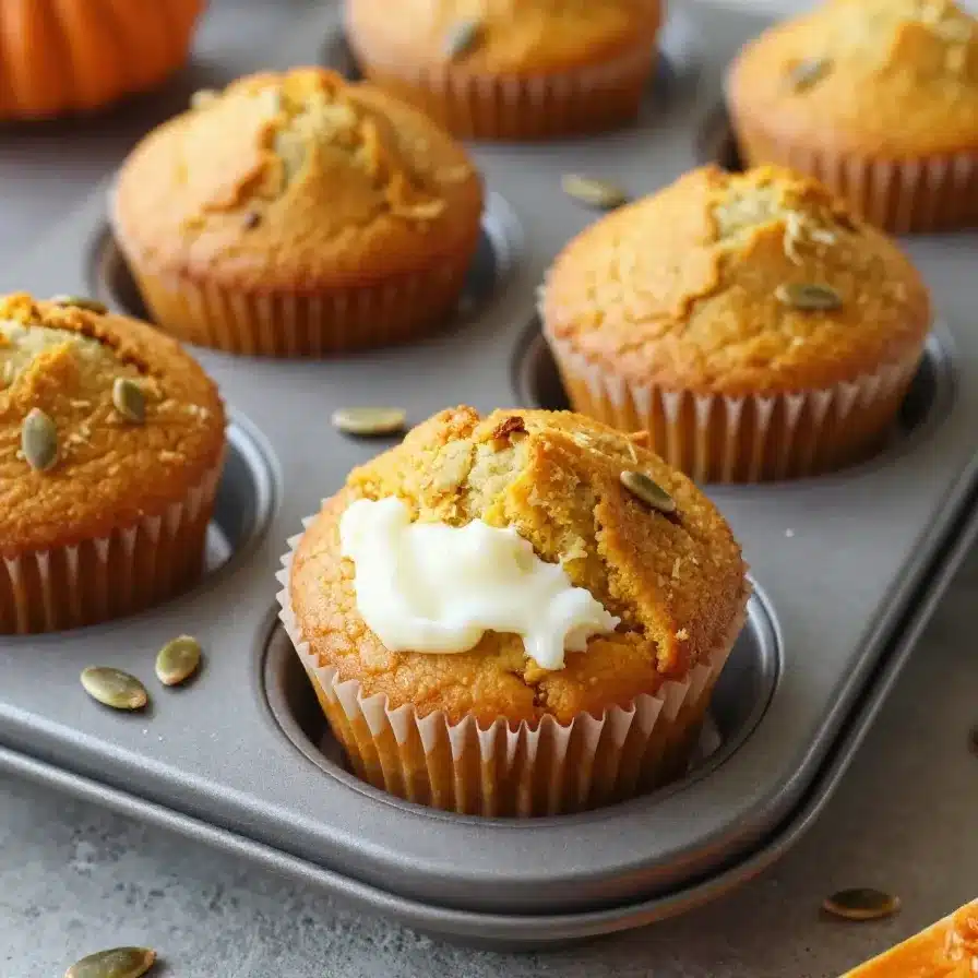 Pumpkin Cream Cheese Muffins 8 Freshly baked pumpkin cream cheese muffins on a wooden table