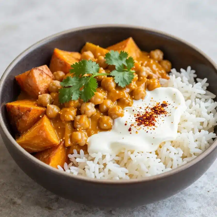 Sweet Potato and Chickpea Curry 5 A bowl of sweet potato and chickpea curry garnished with fresh cilantro.