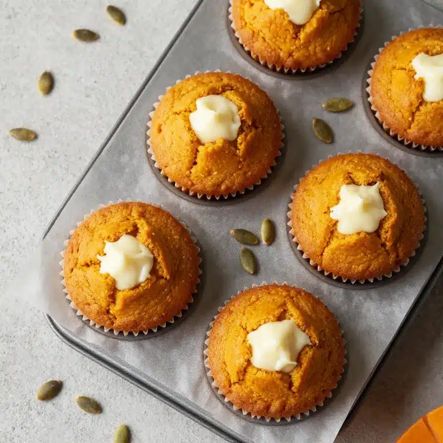 Pumpkin Cream Cheese Muffins 5 Freshly baked pumpkin cream cheese muffins on a wooden table
