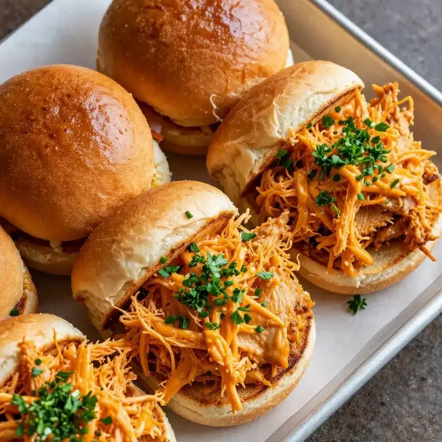 Buffalo Chicken Sliders 5 Close-up of buffalo chicken sliders on a wooden serving board.