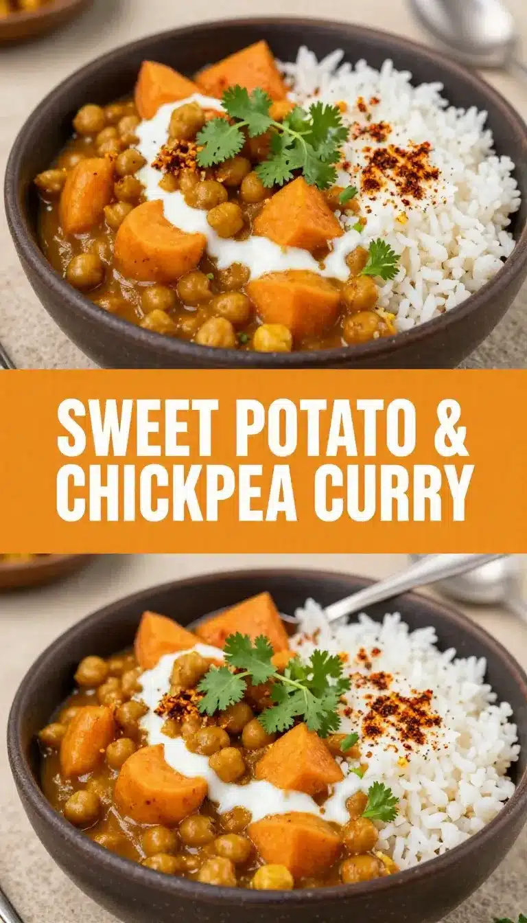 Sweet Potato and Chickpea Curry 7 A bowl of sweet potato and chickpea curry garnished with fresh cilantro.