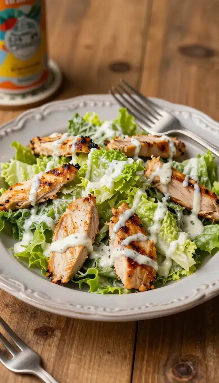 Chicken Caesar Salad Recipe 9 A fresh Chicken Caesar Salad topped with grated Parmesan cheese and croutons