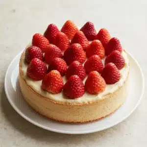 A slice of Tres Leches cake topped with whipped cream and strawberries