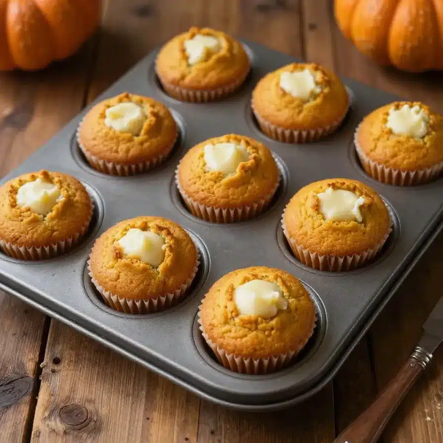 A freshly baked Starbucks-style pumpkin cream cheese muffin on a wooden table