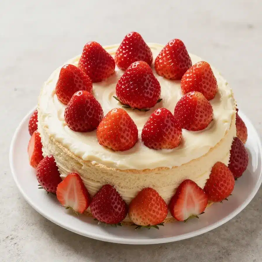 Tres Leches Mexican Cake 5 A slice of Tres Leches cake topped with whipped cream and strawberries