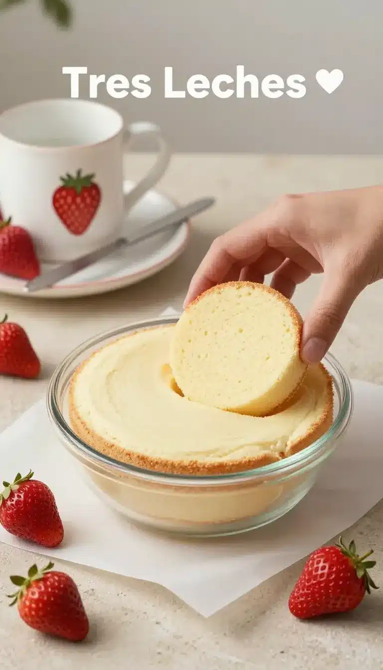 Tres Leches Mexican Cake 9 A slice of Tres Leches cake topped with whipped cream and strawberries