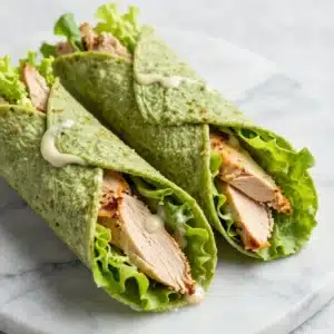 A delicious Chicken Caesar wrap filled with romaine lettuce, grilled chicken, and Caesar dressing, served on a wooden cutting board.