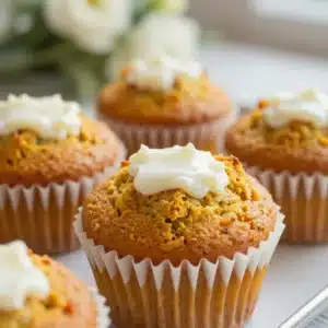 Delicious keto pumpkin muffins topped with cream cheese frosting on a wooden table