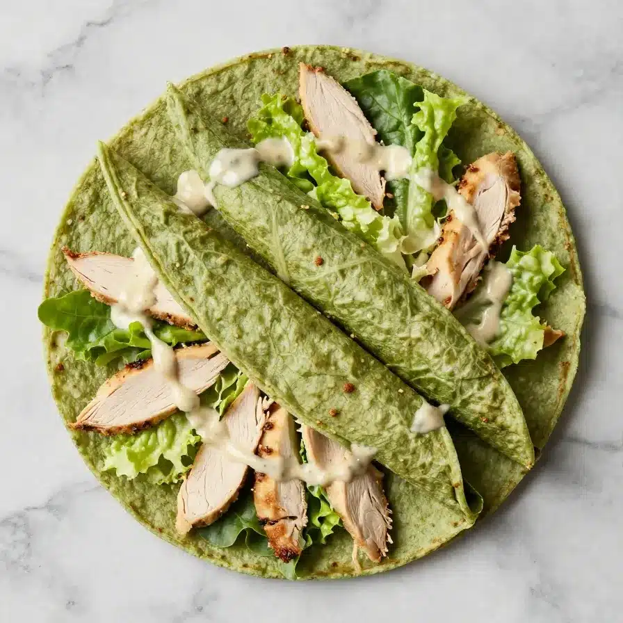 The Easiest Chicken Caesar Wraps Recipe 5 A delicious Chicken Caesar wrap filled with romaine lettuce, grilled chicken, and Caesar dressing, served on a wooden cutting board.