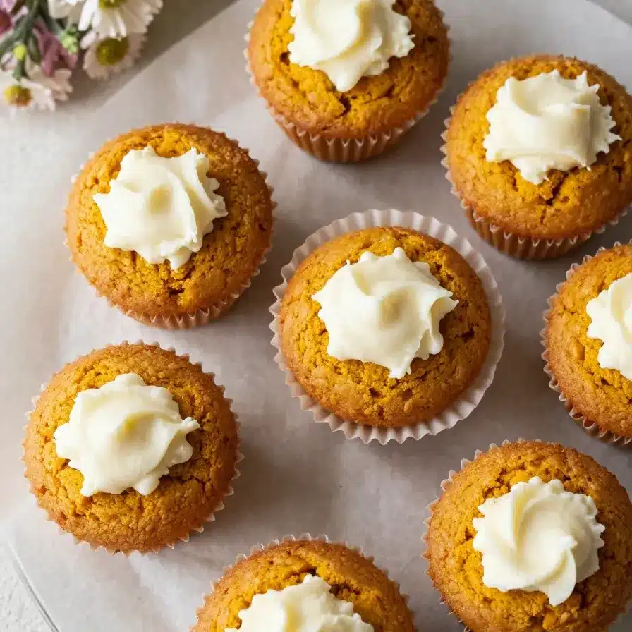 Delicious keto pumpkin muffins topped with cream cheese frosting on a wooden table