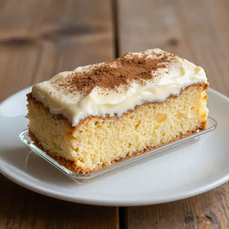 A slice of authentic tres leches cake topped with whipped cream and strawberries
