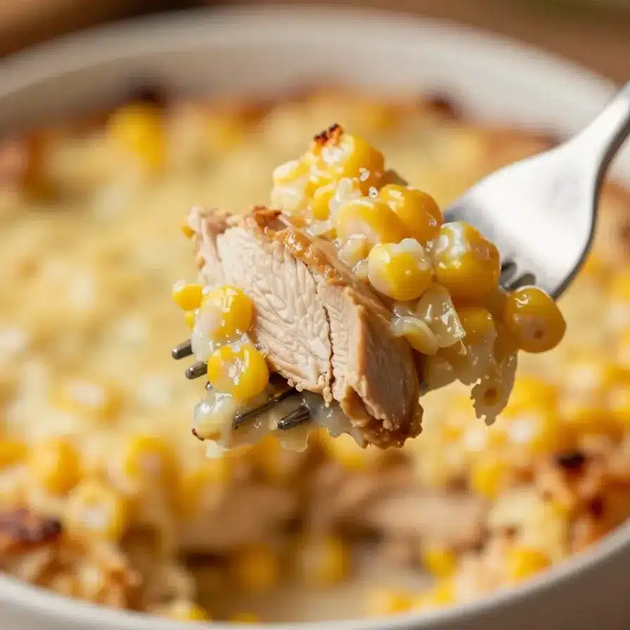 Street Corn Chicken Casserole 5 A baked casserole dish featuring street corn and chicken, garnished with fresh cilantro.