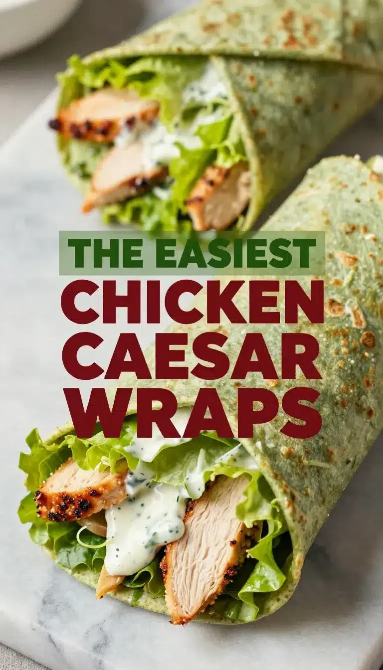 The Easiest Chicken Caesar Wraps Recipe 8 A delicious Chicken Caesar wrap filled with romaine lettuce, grilled chicken, and Caesar dressing, served on a wooden cutting board.