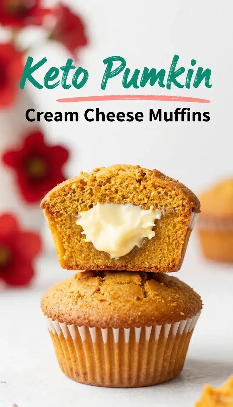 Delicious keto pumpkin muffins topped with cream cheese frosting on a wooden table