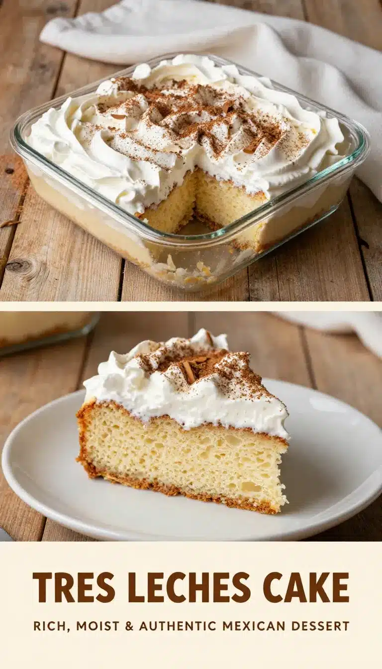 A slice of authentic tres leches cake topped with whipped cream and strawberries