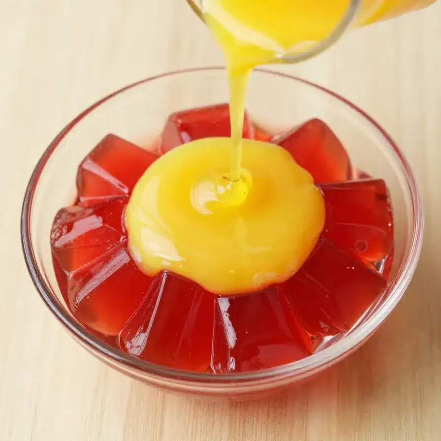 This French Chef is a Genius: Jelly Mold Dessert with Custard 5 A beautifully presented jelly mold dessert topped with custard, created by a French chef.