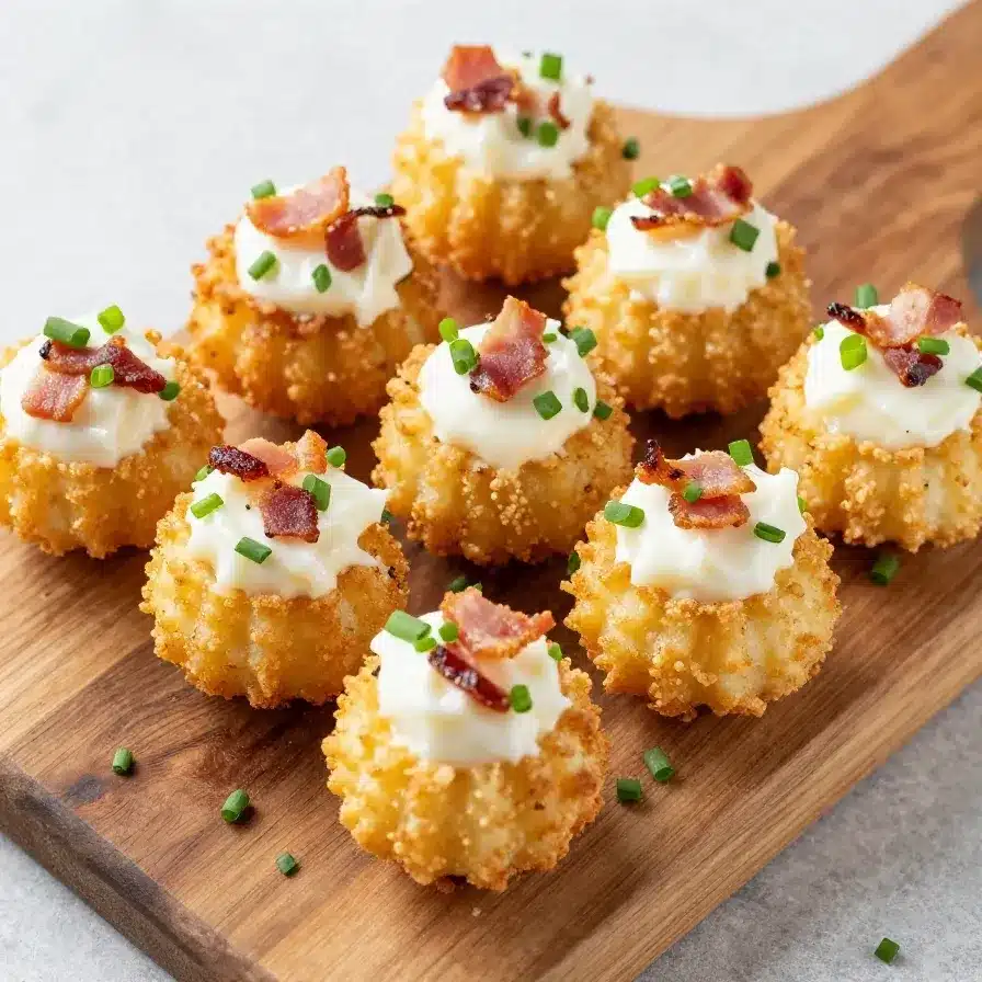 Tasty Loaded Tater Tot Appetizers Recipe 5 A plate of loaded tater tots topped with cheese, sour cream, and green onions