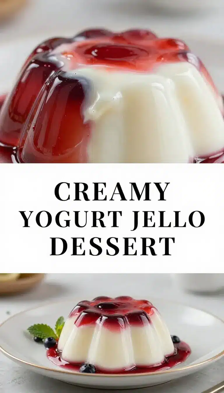 Greek Yogurt Jello Dessert 9 A vibrant Greek yogurt jello dessert served in a glass bowl, garnished with fresh berries and mint leaves.