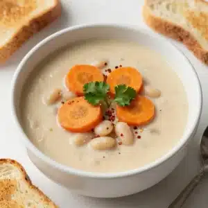 A bowl of hearty white bean soup garnished with fresh herbs