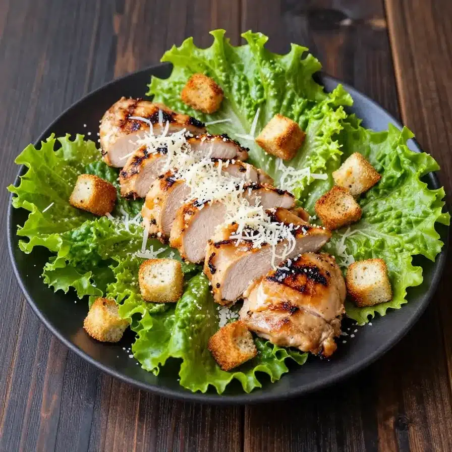 A delicious low carb Caesar salad topped with grilled chicken slices and parmesan cheese