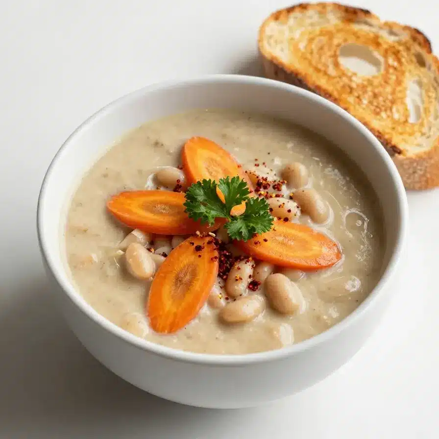 White Bean Soup 5 A bowl of hearty white bean soup garnished with fresh herbs