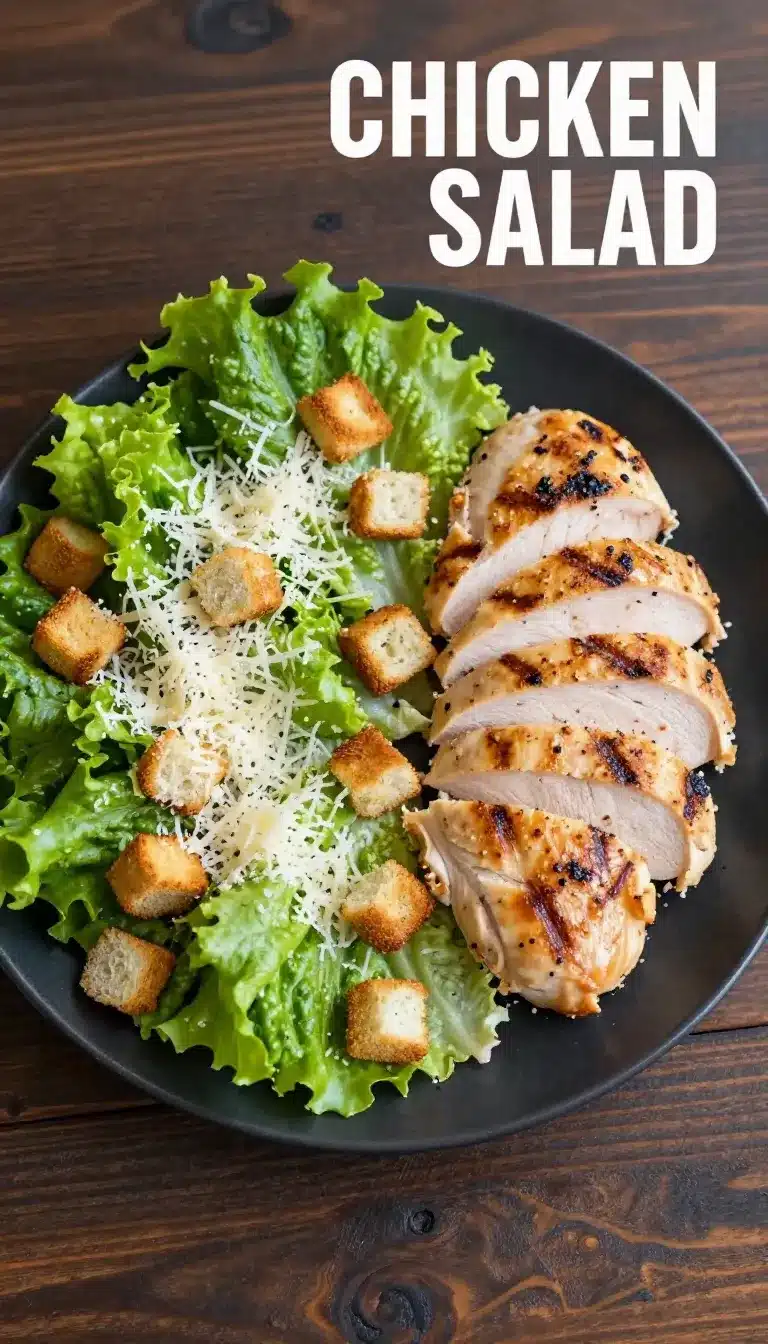 A delicious low carb Caesar salad topped with grilled chicken slices and parmesan cheese
