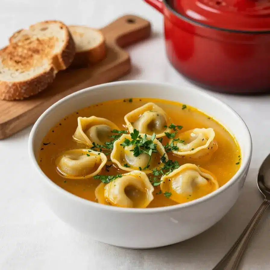 A warm bowl of autumn tortellini soup garnished with fresh herbs