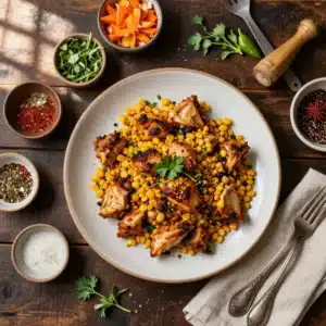 A slow cooker filled with street corn chicken, garnished with fresh cilantro and lime wedges.