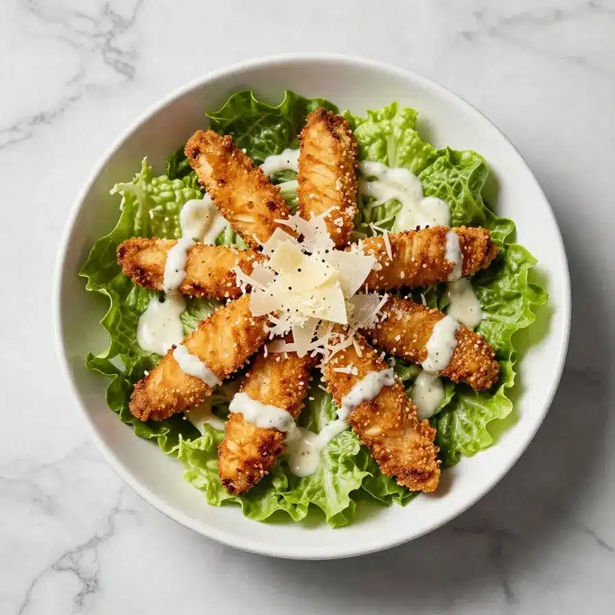 Crispy Chicken Caesar Salad Recipe 5 A vibrant Crispy Chicken Caesar Salad served in a bowl with croutons and parmesan cheese