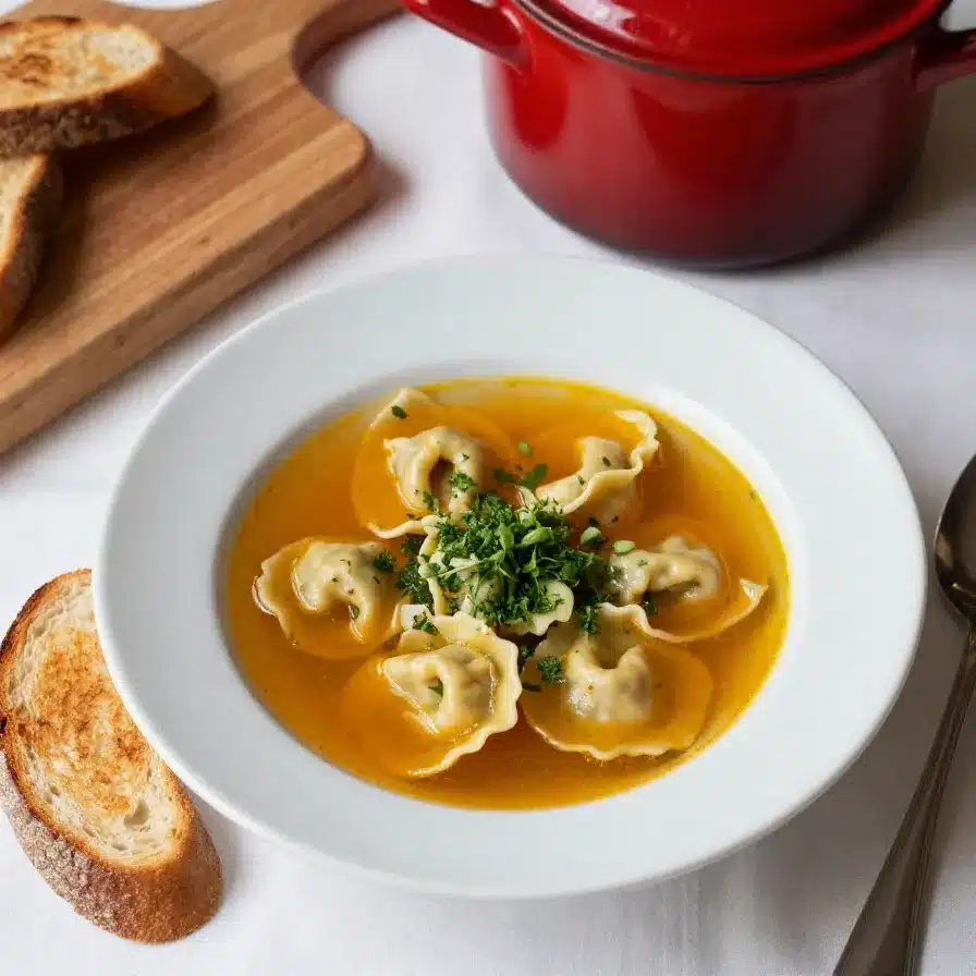A warm bowl of autumn tortellini soup garnished with fresh herbs