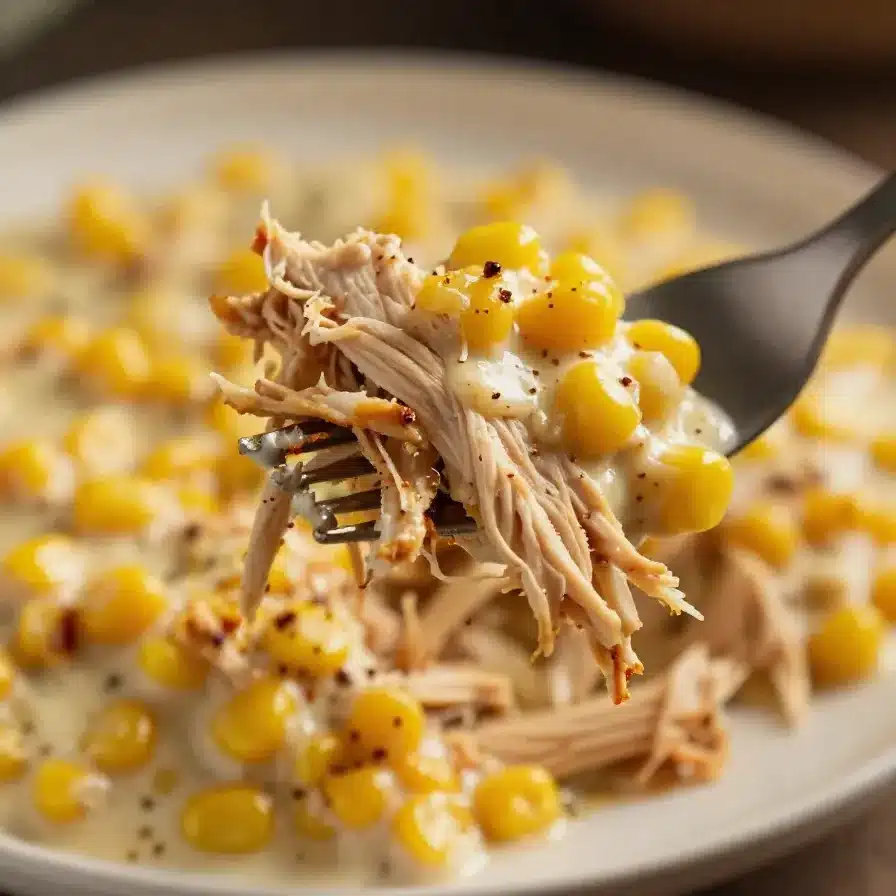 A slow cooker filled with street corn chicken, garnished with fresh cilantro and lime wedges.