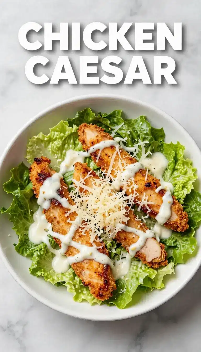 Crispy Chicken Caesar Salad Recipe 8 A vibrant Crispy Chicken Caesar Salad served in a bowl with croutons and parmesan cheese