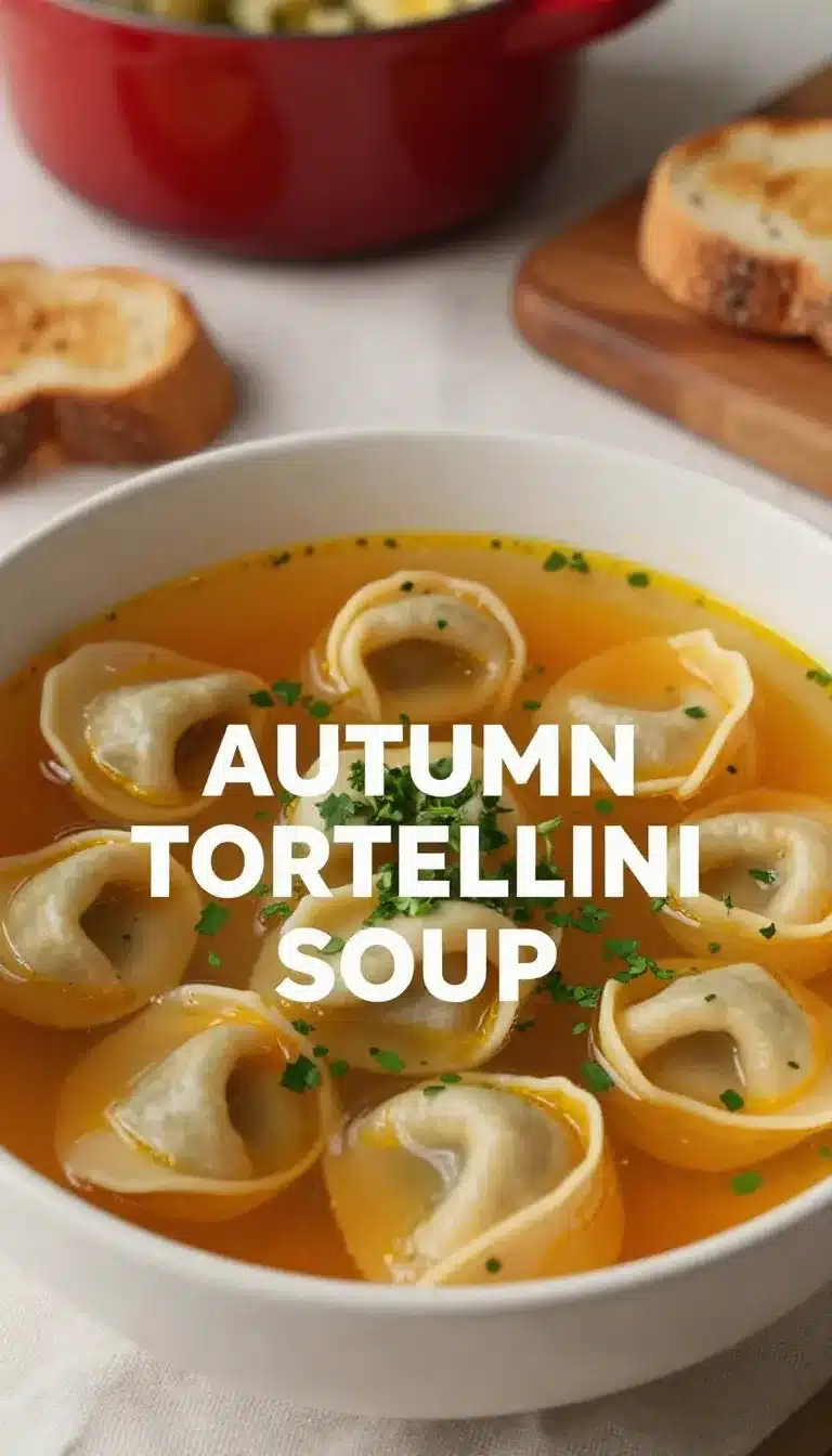 A warm bowl of autumn tortellini soup garnished with fresh herbs