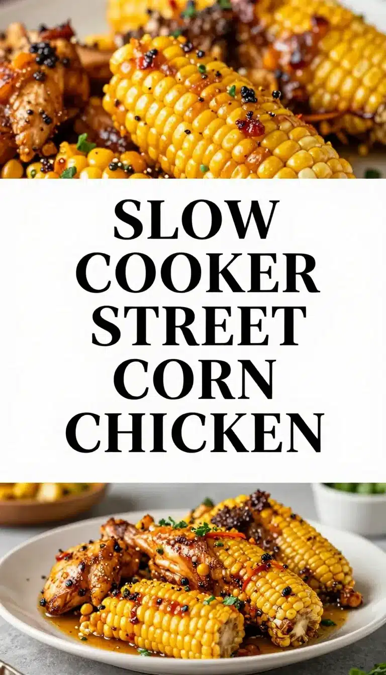 A slow cooker filled with street corn chicken, garnished with fresh cilantro and lime wedges.