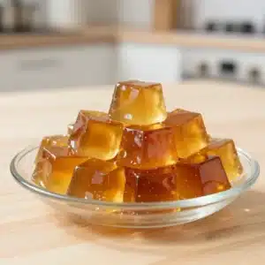 A close-up of homemade tea gelatin collagen gummies on a wooden table.