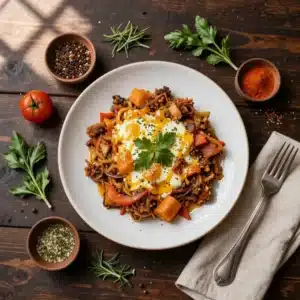 A delicious cowboy casserole topped with melted cheese and crispy bacon