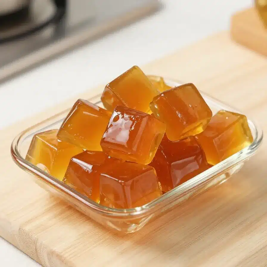 Making the Viral Tea Gelatin Collagen Gummy to Look Young Forever 5 A close-up of homemade tea gelatin collagen gummies on a wooden table.