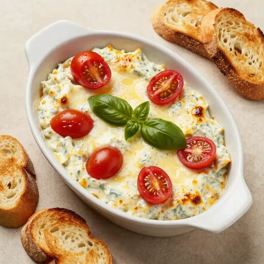 Easy Caprese Dip 5 A bowl of easy Caprese dip garnished with fresh basil and cherry tomatoes
