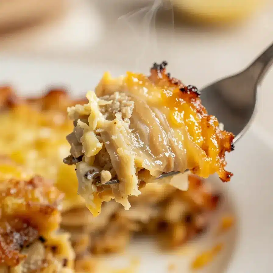 A delicious cowboy casserole topped with melted cheese and crispy bacon