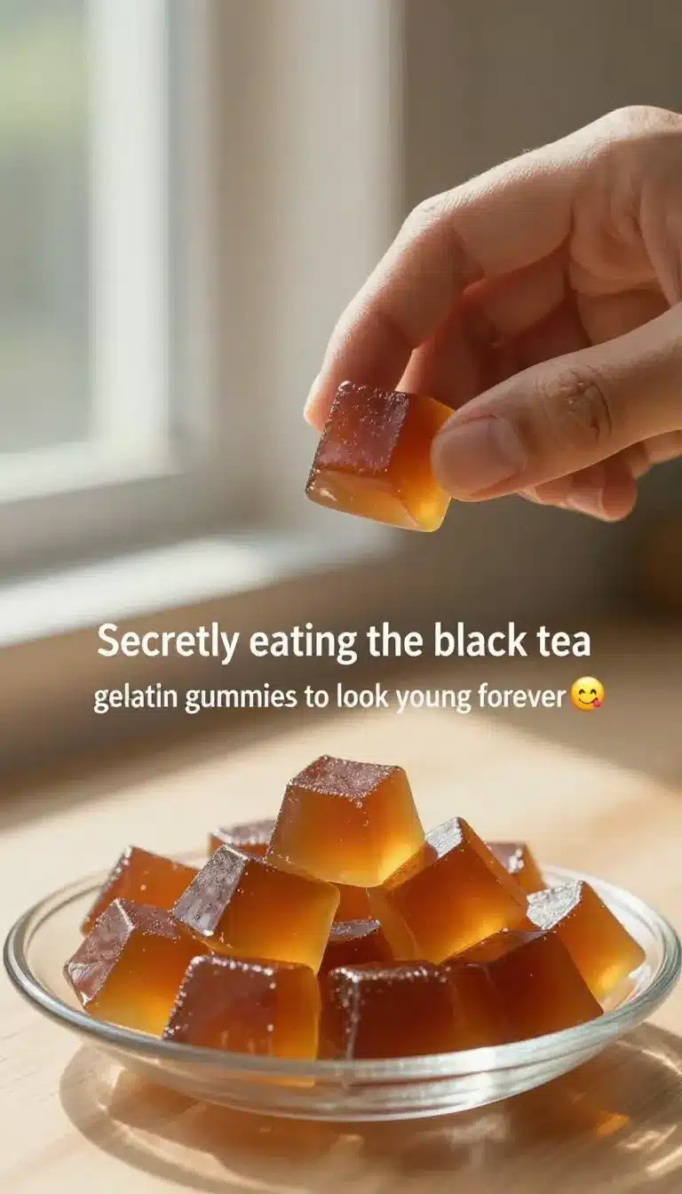 Making the Viral Tea Gelatin Collagen Gummy to Look Young Forever 9 A close-up of homemade tea gelatin collagen gummies on a wooden table.